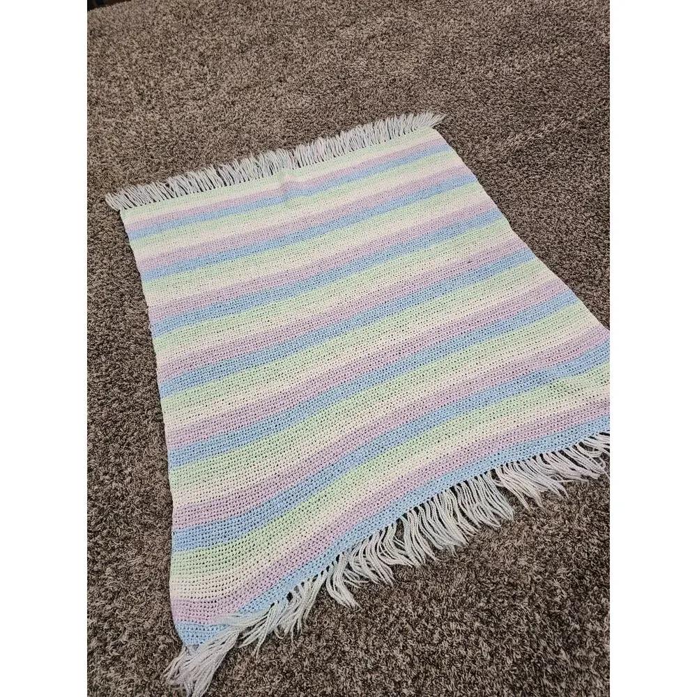 Vintage handmade crochet baby blanket Pastel Striped Fringe Hem Cottagecore